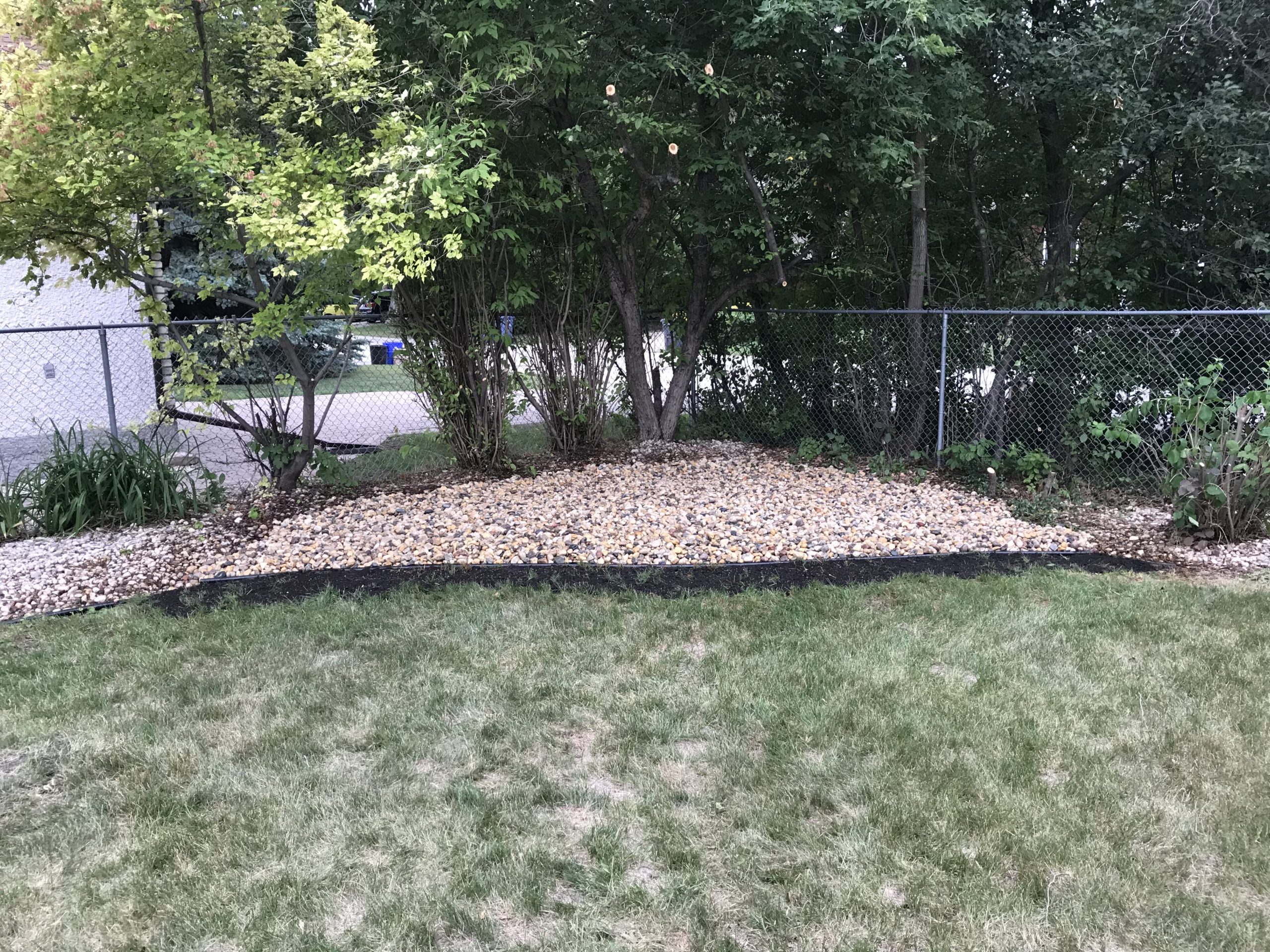 Gravel rock bed with trimmed shrubs, clean edging, and low-maintenance landscaping