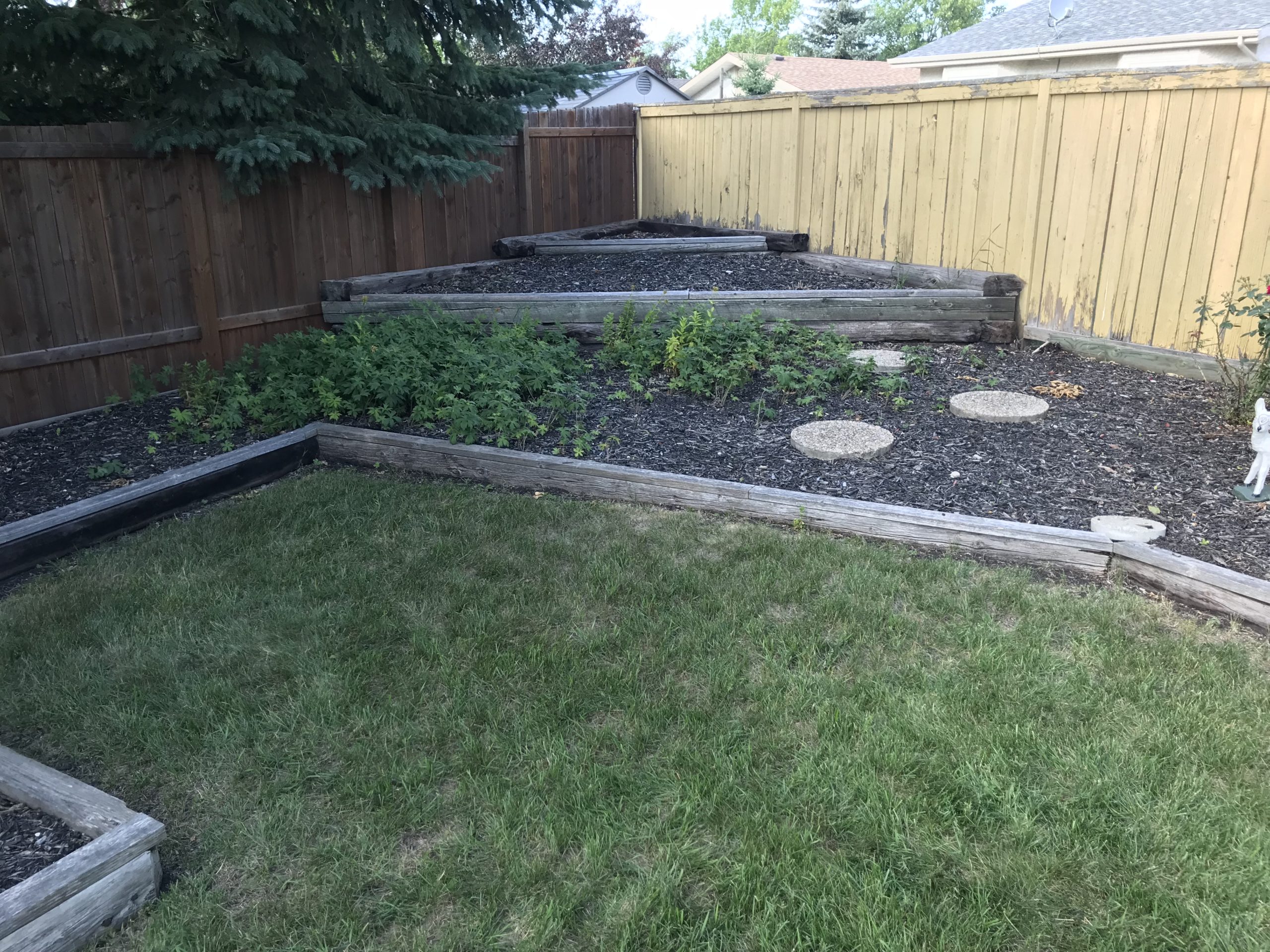 Landscape before tiered rock beds