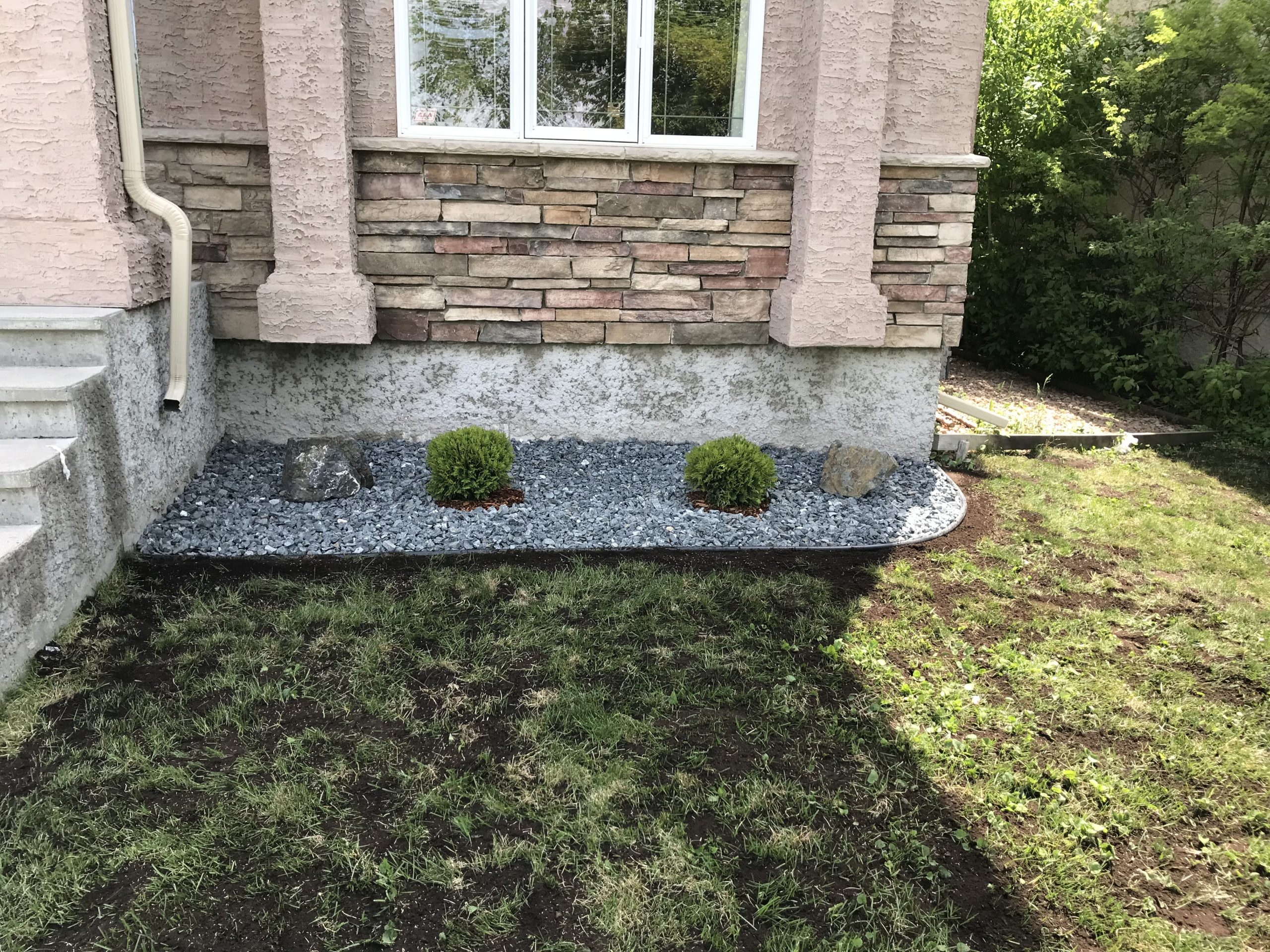 Slate rock foundation bed with globe cedars, decorative boulders, and curved edging